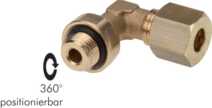 Exemplary representation: Angular screw-in fitting, positionable with cylindrical male thread, brass
